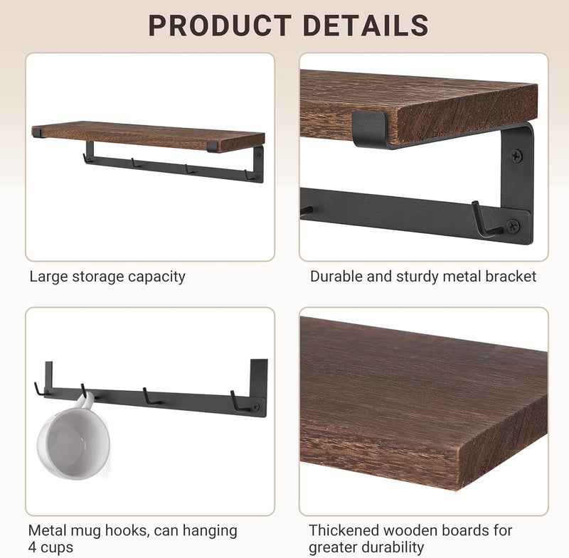 Dahey Mug Holder Wall Mounted Mug Rack with Hooks, Set of 2, Storage Rustic Floating Shelf Coffee Bar Accessories Wood Coffee Cup Hanger for Organizing Cooking Utensil Home Kitchen Decor, Brown - Image 4